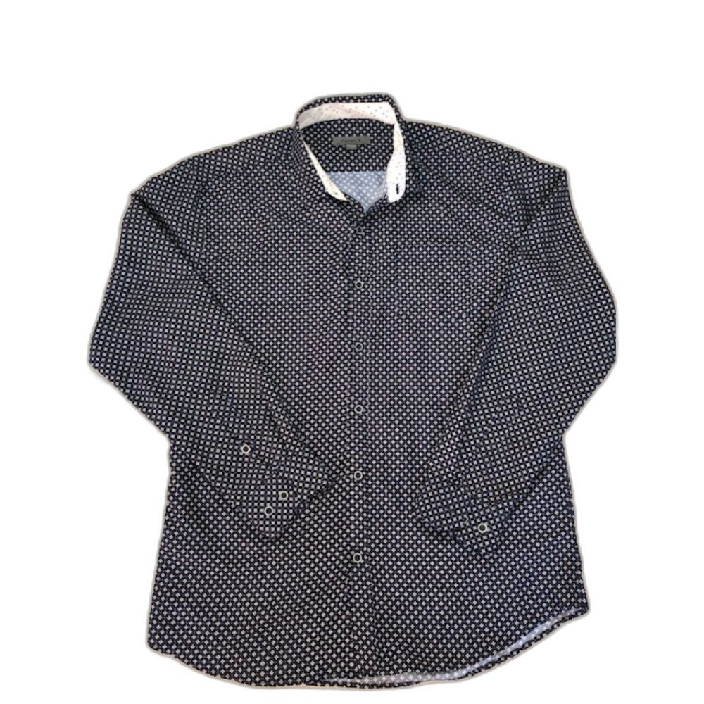 Moisture-Wicking Preppy Planet B Navy & Brown Geometric Button Up Dress Shirt